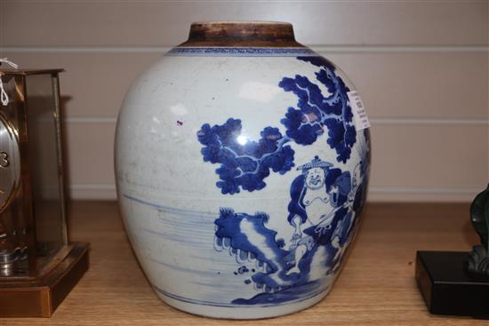 An 18th century Chinese blue and white ginger jar, lacks cover H.24cm